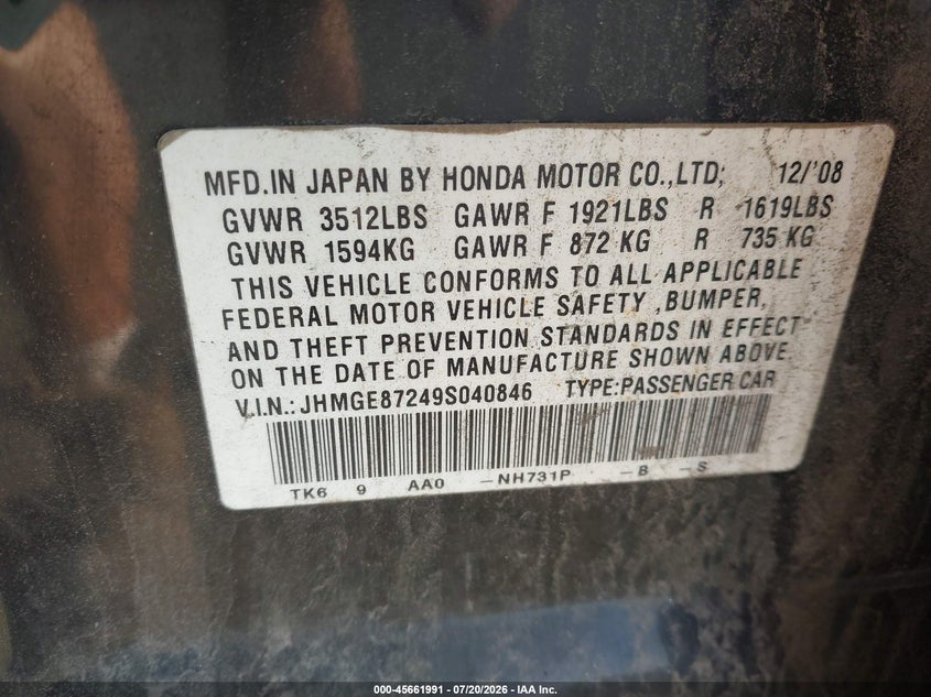 2009 Honda Fit VIN: JHMGE87249S040846 Lot: 45661991