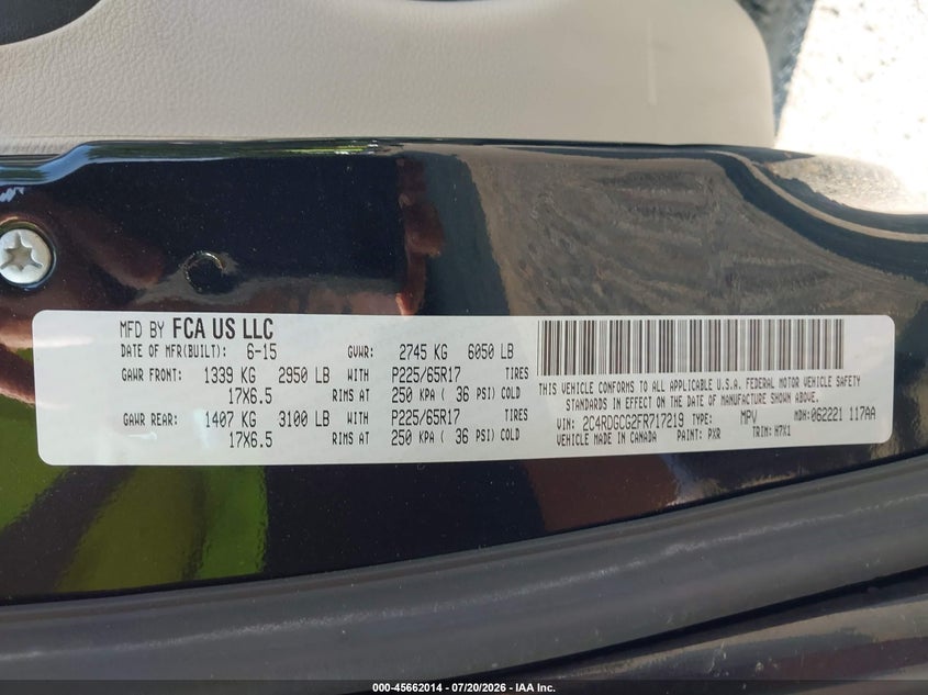 2015 Dodge Grand Caravan Sxt VIN: 2C4RDGCG2FR717219 Lot: 45662014