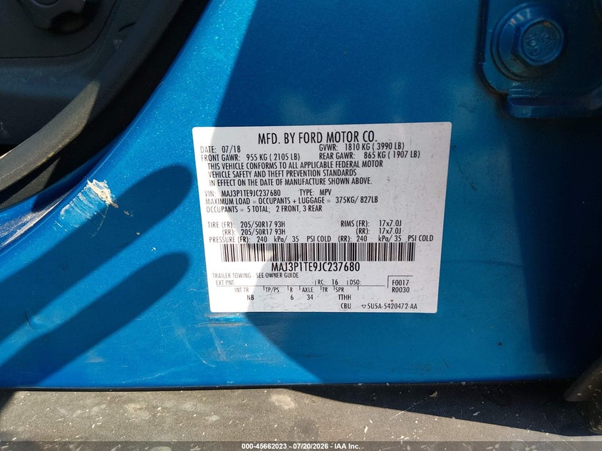 2018 Ford Ecosport Se VIN: MAJ3P1TE9JC237680 Lot: 45662023