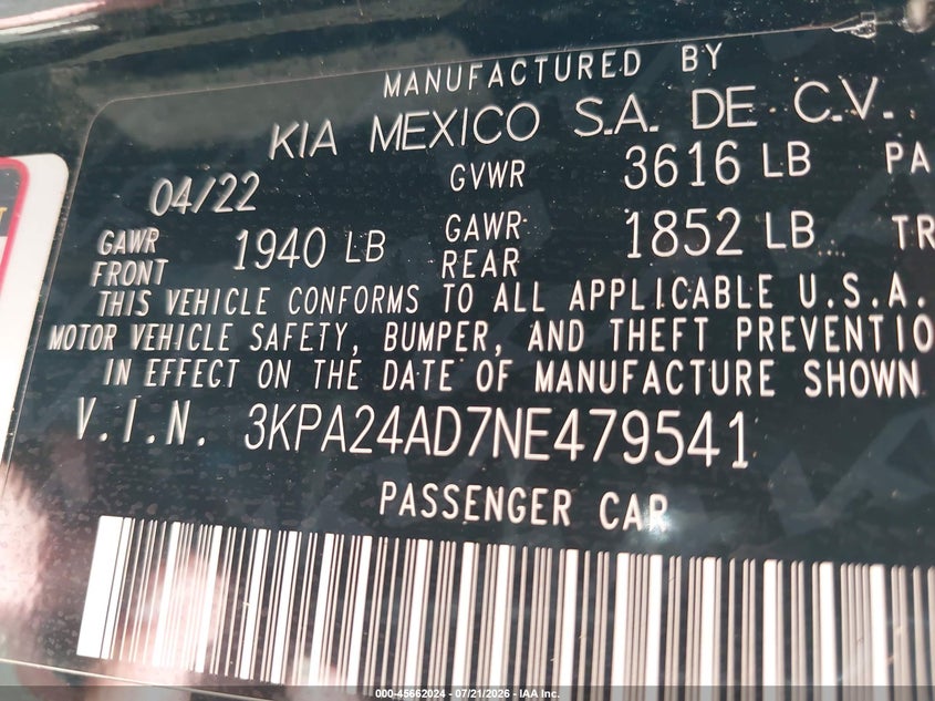 2022 Kia Rio S VIN: 3KPA24AD7NE479541 Lot: 45662024