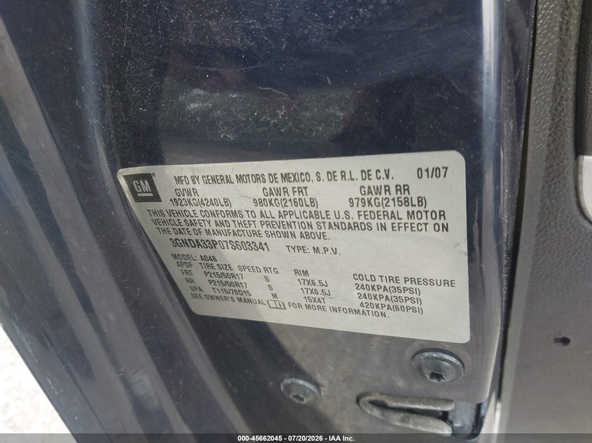 CHEVROLET HHR 2007 VIN 3GNDA33P07S603341
