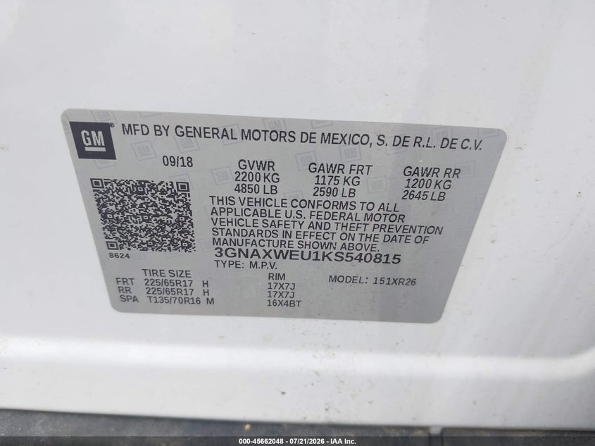 2019 Chevrolet Equinox Lt VIN: 3GNAXWEU1KS540815 Lot: 45662048
