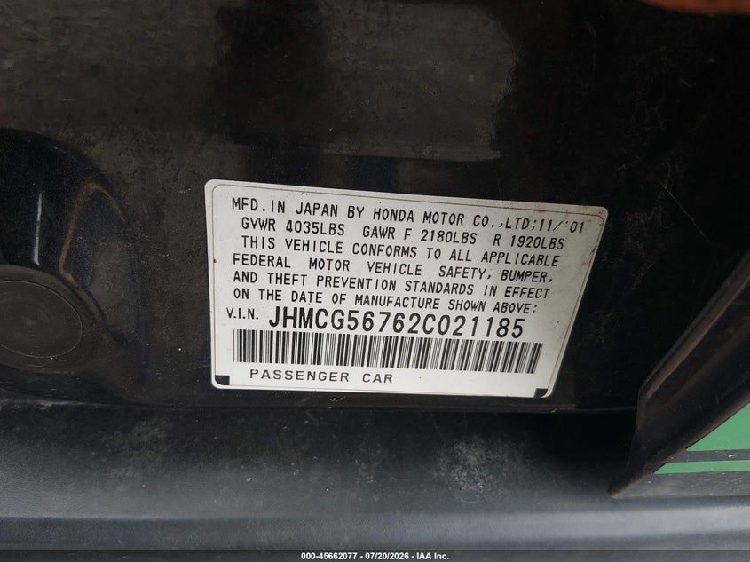 2002 Honda Accord 2.3 Se VIN: JHMCG56762C021185 Lot: 45662077