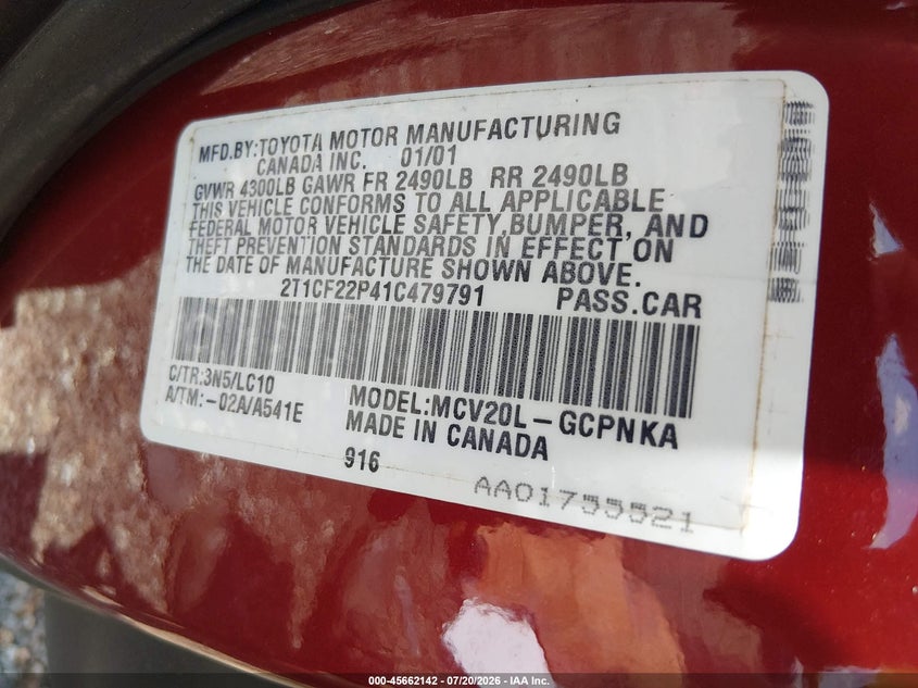 2001 Toyota Camry Solara Sle V6 VIN: 2T1CF22P41C479791 Lot: 45662142