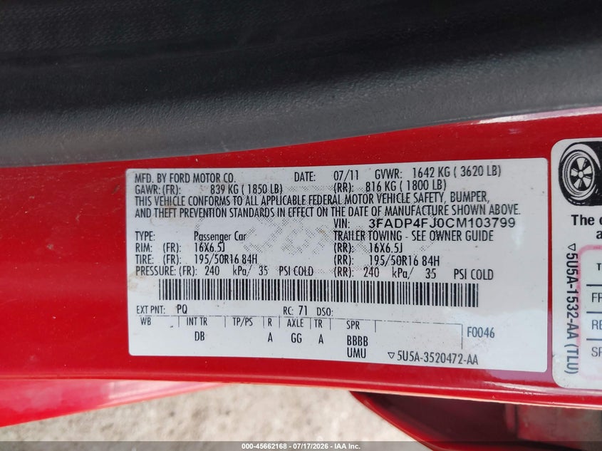 2012 Ford Fiesta Ses VIN: 3FADP4FJ0CM103799 Lot: 45662168