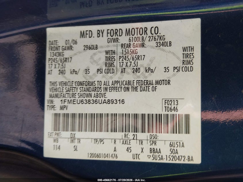 2006 Ford Explorer Xlt VIN: 1FMEU63836UA89316 Lot: 45662176