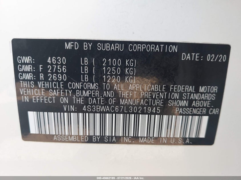 2020 Subaru Legacy Premium VIN: 4S3BWAC67L3021945 Lot: 45662199