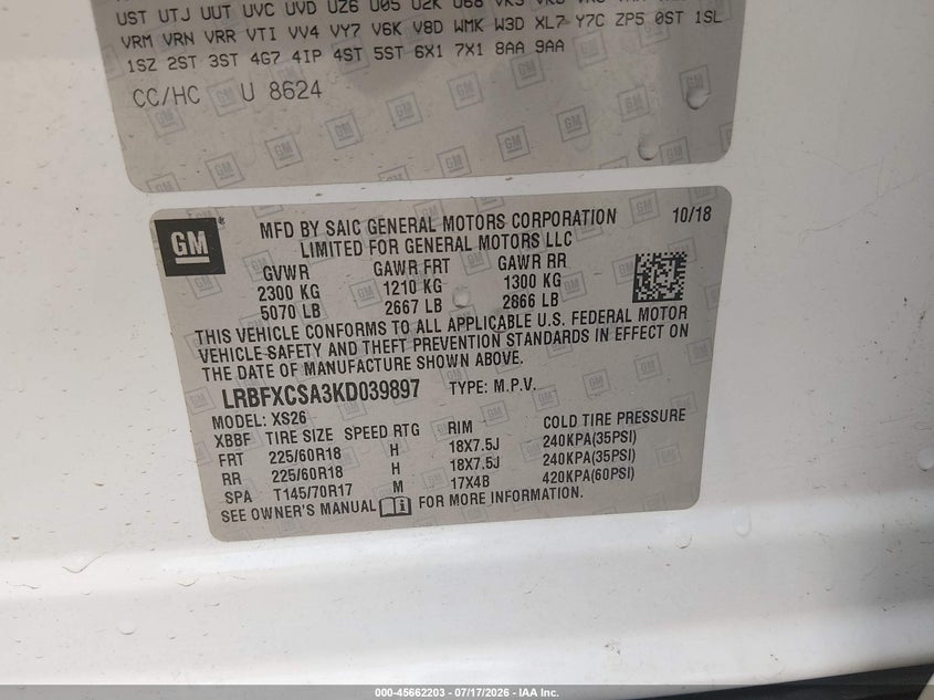 2019 Buick Envision Fwd Essence VIN: LRBFXCSA3KD039897 Lot: 45662203