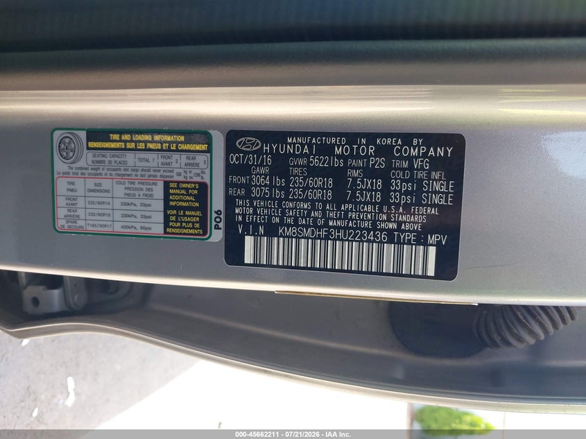 2017 Hyundai Santa Fe Se VIN: KM8SMDHF3HU223436 Lot: 45662211