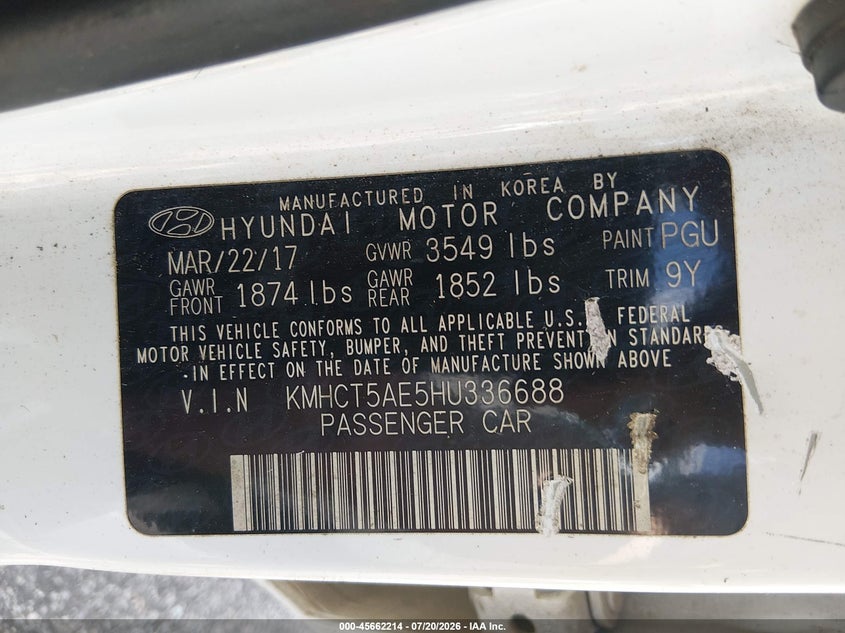 2017 Hyundai Accent Se VIN: KMHCT5AE5HU336688 Lot: 45662214