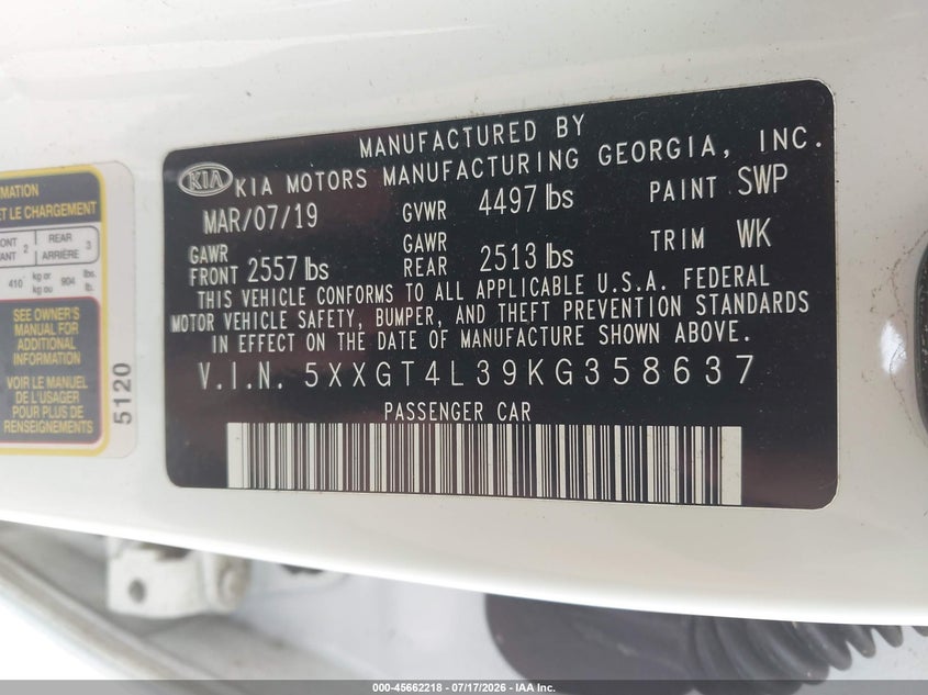 2019 Kia Optima Lx VIN: 5XXGT4L39KG358637 Lot: 45662218