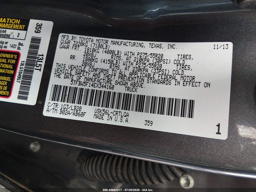 2014 Toyota Tundra Limited 5.7L V8 VIN: 5TFBW5F14EX344160 Lot: 45662217