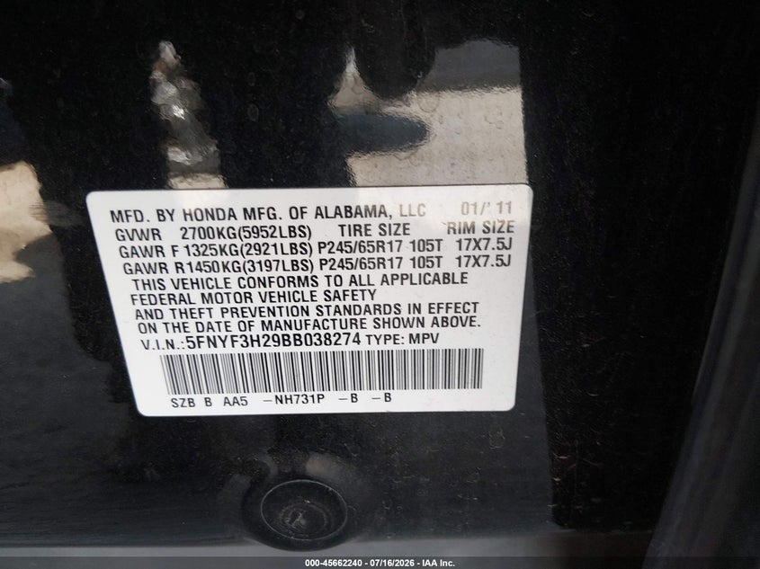 2011 Honda Pilot Lx VIN: 5FNYF3H29BB038274 Lot: 45662240