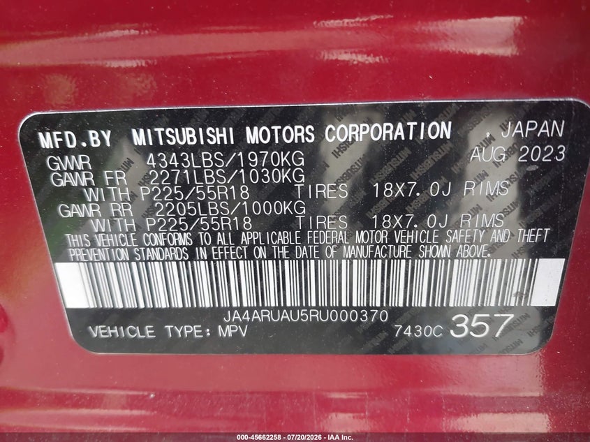 2024 Mitsubishi Outlander Sport 2.0 Es Awc VIN: JA4ARUAU5RU000370 Lot: 45662258