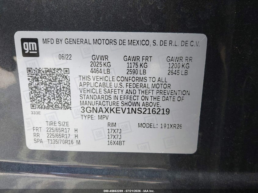 2022 Chevrolet Equinox Fwd Lt VIN: 3GNAXKEV1NS216219 Lot: 45662289