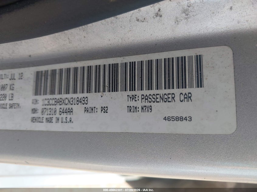 2012 Chrysler 200 Lx VIN: 1C3CCBABXCN318493 Lot: 45662301