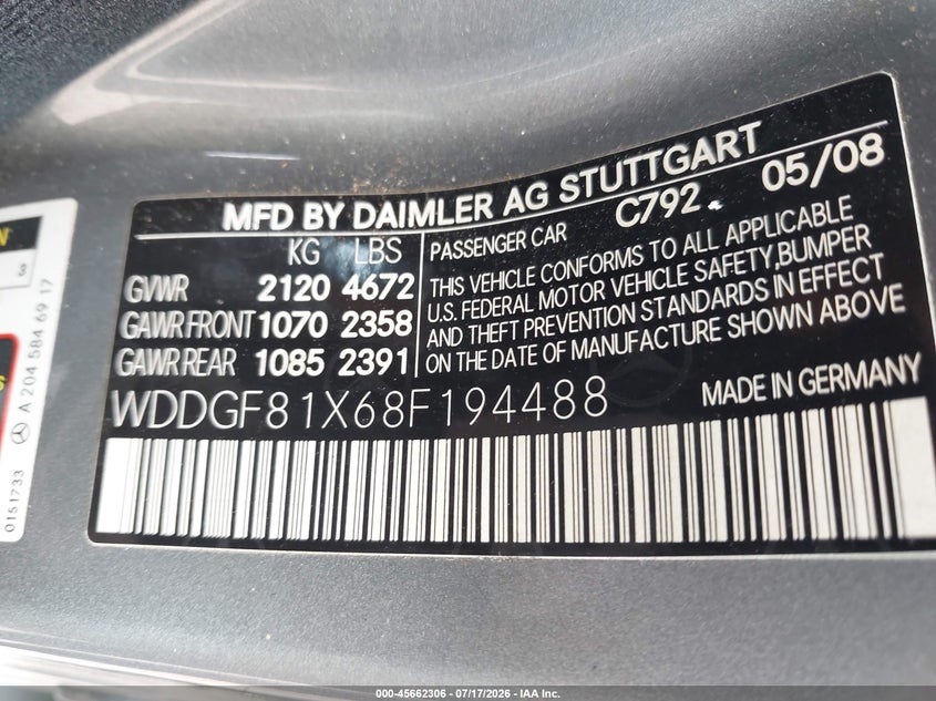 2008 Mercedes-Benz C 300 Luxury 4Matic/Sport 4Matic VIN: WDDGF81X68F194488 Lot: 45662306