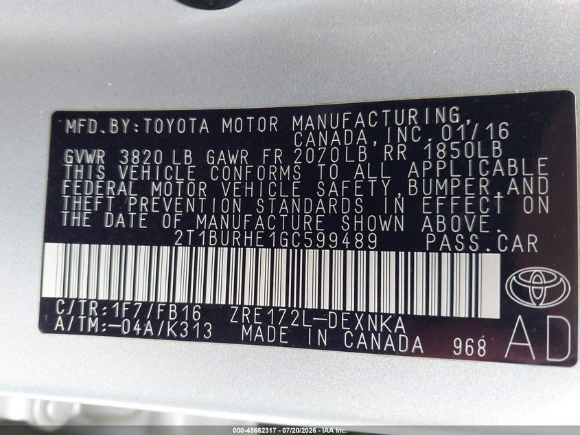 2016 Toyota Corolla Le VIN: 2T1BURHE1GC599489 Lot: 45662317