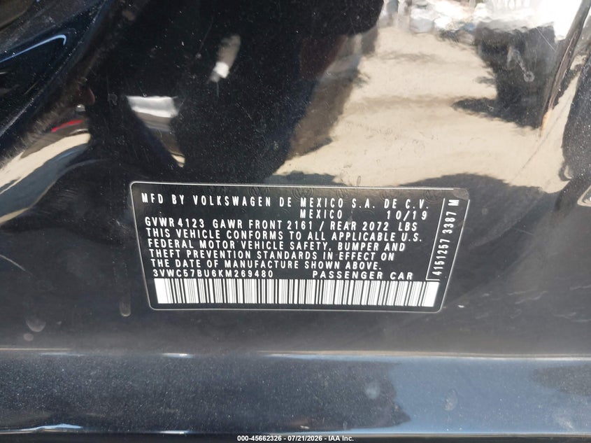 2019 Volkswagen Jetta 1.4T R-Line/1.4T S/1.4T Se VIN: 3VWC57BU6KM269480 Lot: 45662326
