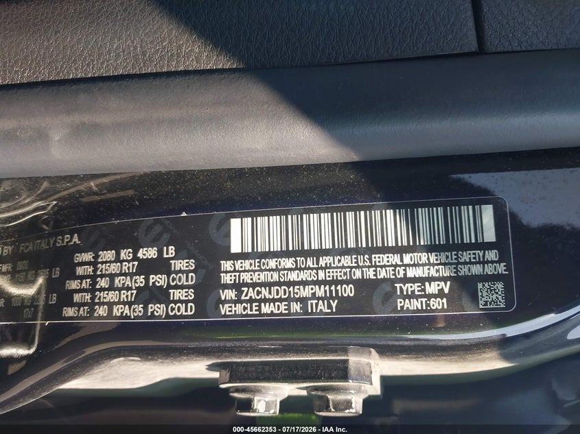 2021 Jeep Renegade Limited 4X4 VIN: ZACNJDD15MPM11100 Lot: 45662353