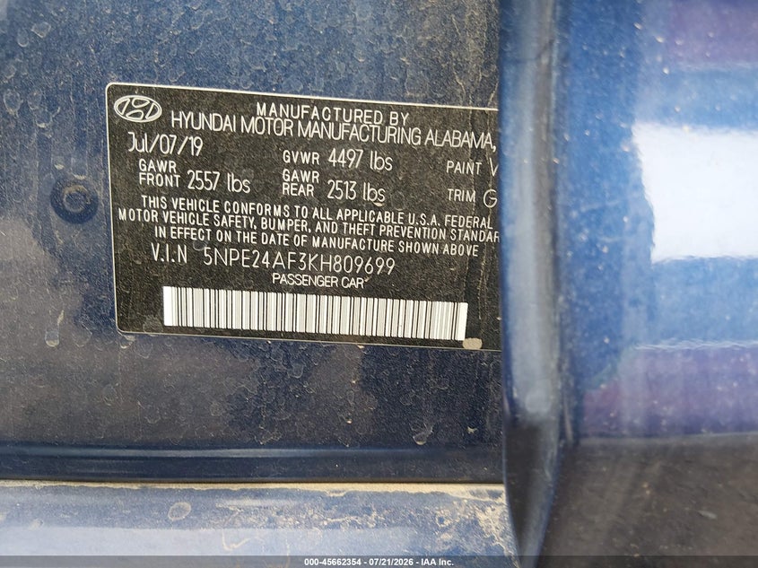 2019 Hyundai Sonata Se VIN: 5NPE24AF3KH809699 Lot: 45662354