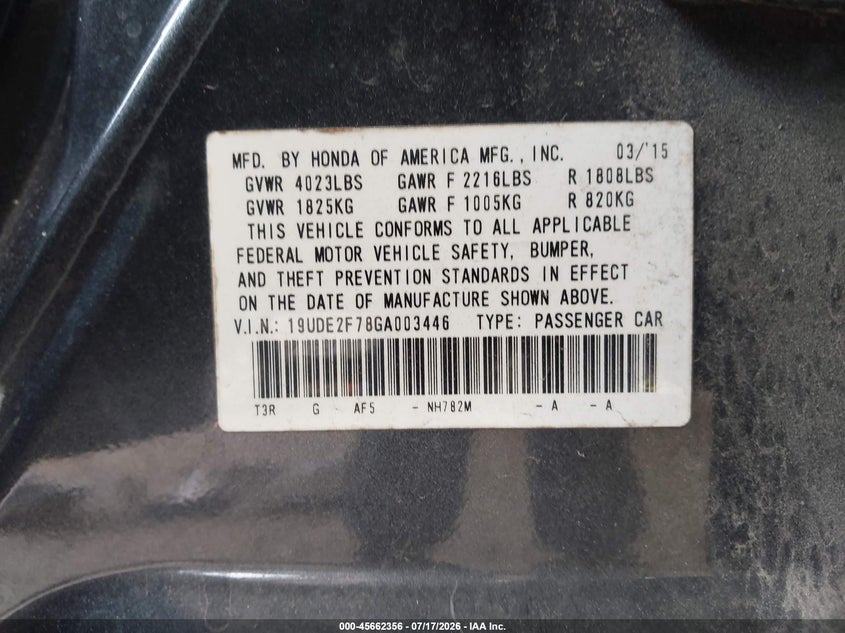 2016 Acura Ilx Premium Package/Technology Plus Package VIN: 19UDE2F78GA003446 Lot: 45662356