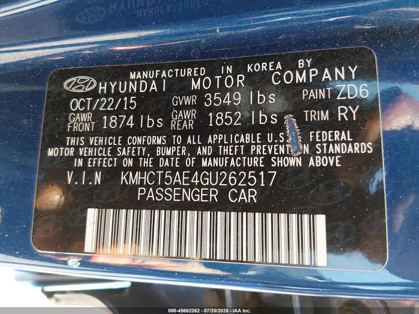 2016 Hyundai Accent Se VIN: KMHCT5AE4GU262517 Lot: 45662362