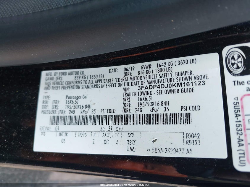 2019 Ford Fiesta St Line VIN: 3FADP4DJ0KM161123 Lot: 45662364