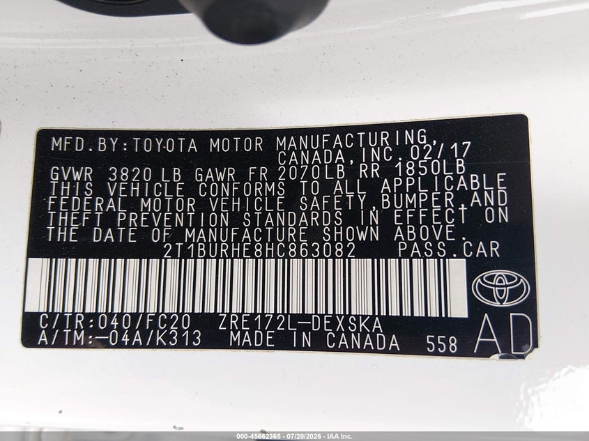 2017 Toyota Corolla Se VIN: 2T1BURHE8HC863082 Lot: 45662365