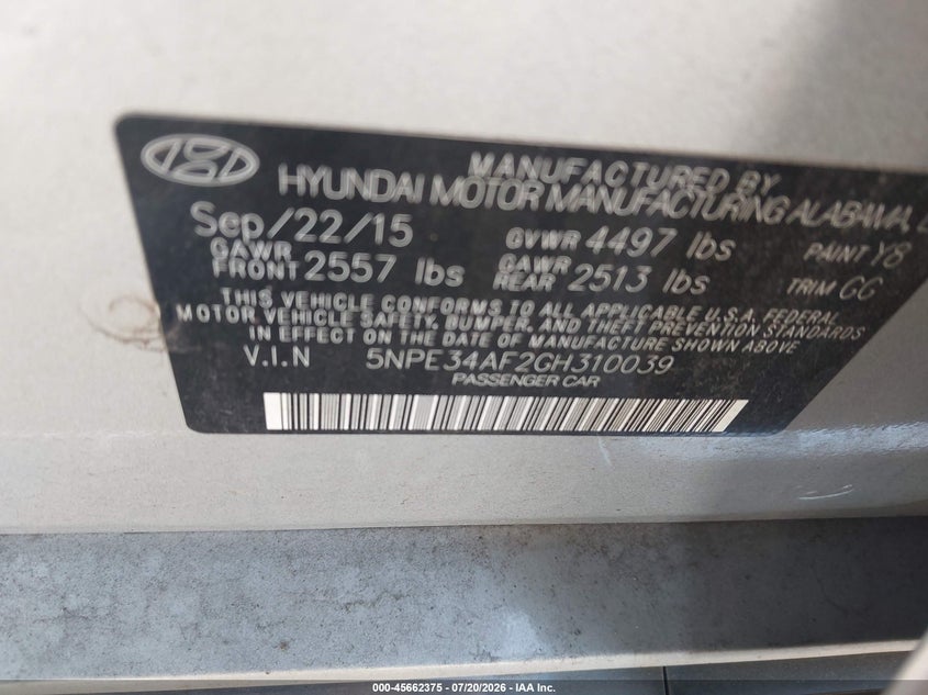 2016 HYUNDAI SONATA SEDAN 2.4L I-4 DI, DOHC, VVT, 185HP