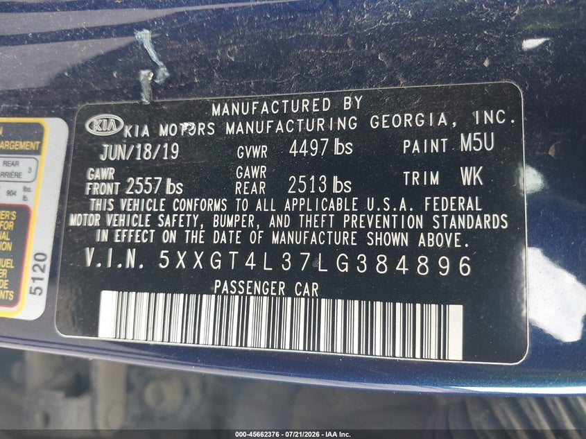 2020 Kia Optima Lx VIN: 5XXGT4L37LG384896 Lot: 45662376