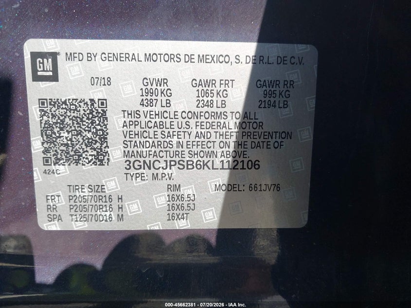 2019 Chevrolet Trax Lt VIN: 3GNCJPSB6KL112106 Lot: 45662381