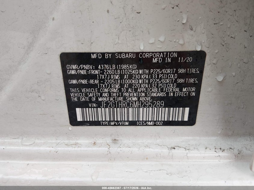 2021 Subaru Crosstrek Sport VIN: JF2GTHRC6MH295289 Lot: 45662387