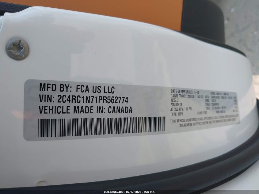 2023 Chrysler Pacifica Hybrid Pinnacle VIN: 2C4RC1N71PR562774 Lot: 45662400