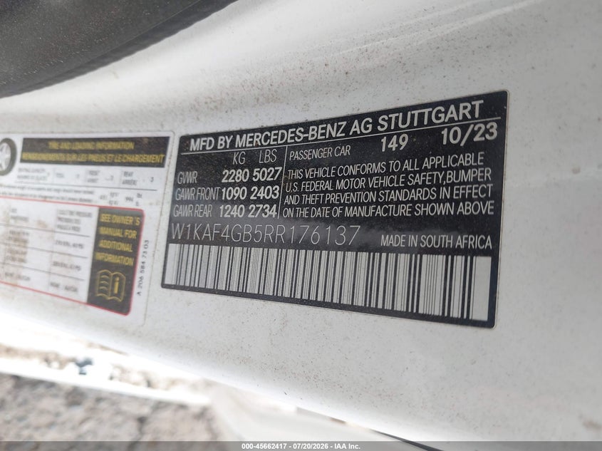 2024 Mercedes-Benz C 300 VIN: W1KAF4GB5RR176137 Lot: 45662417