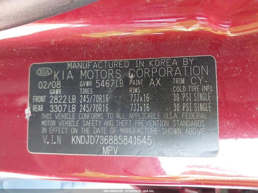 2008 Kia Sorento Ex VIN: KNDJD736885841645 Lot: 45662429