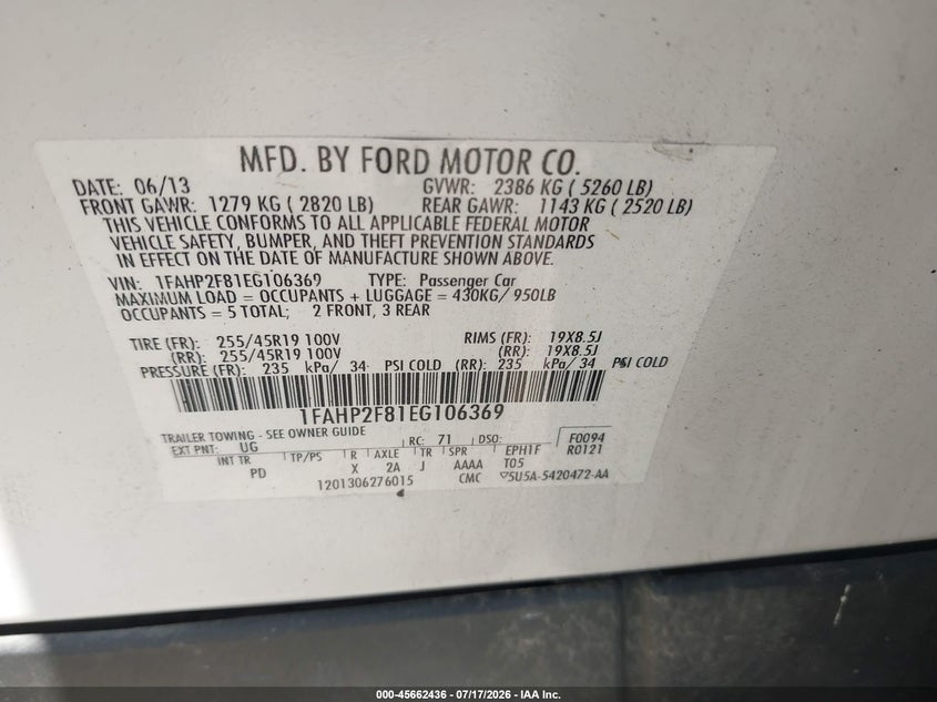 2014 Ford Taurus Limited VIN: 1FAHP2F81EG106369 Lot: 45662436