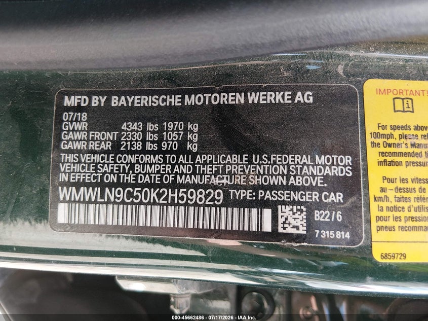 2019 Mini Clubman Cooper S VIN: WMWLN9C50K2H59829 Lot: 45662486