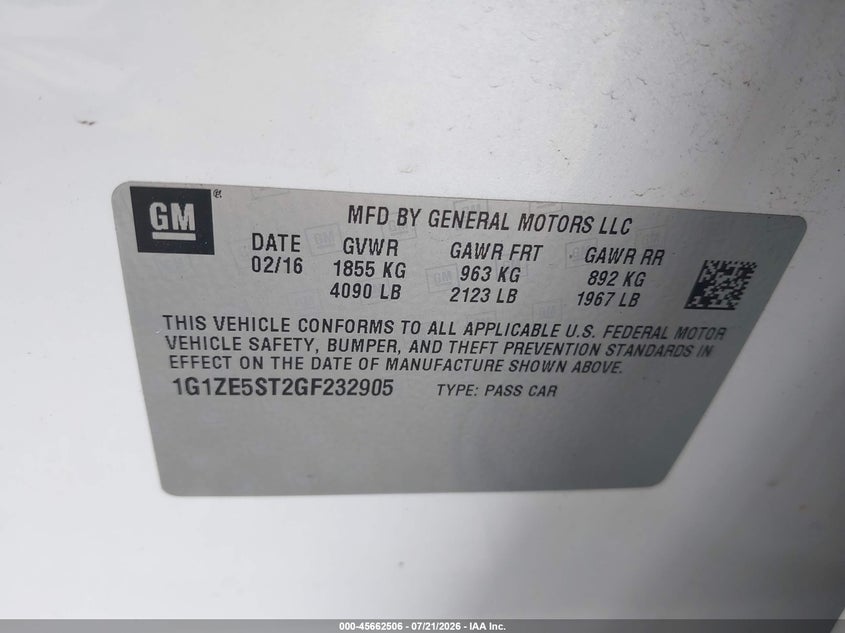 2016 Chevrolet Malibu 1Lt VIN: 1G1ZE5ST2GF232905 Lot: 45662506