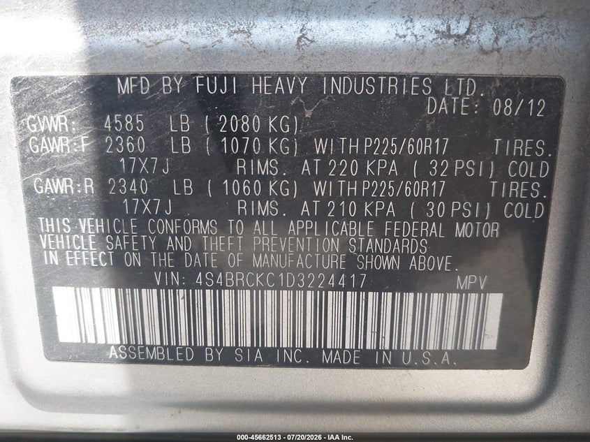 2013 Subaru Outback 2.5I Limited VIN: 4S4BRCKC1D3224417 Lot: 45662513