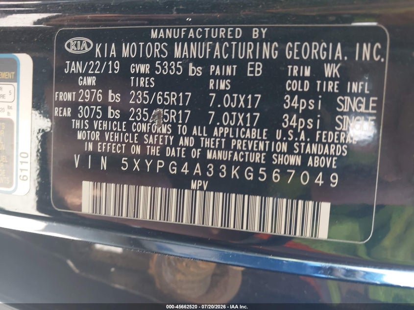 2019 Kia Sorento 2.4L L VIN: 5XYPG4A33KG567049 Lot: 45662520