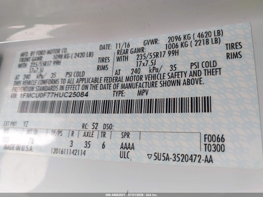 2017 Ford Escape S VIN: 1FMCU0F77HUC25084 Lot: 45662521