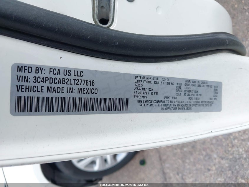 2020 Dodge Journey Se Value VIN: 3C4PDCAB2LT277616 Lot: 45662530
