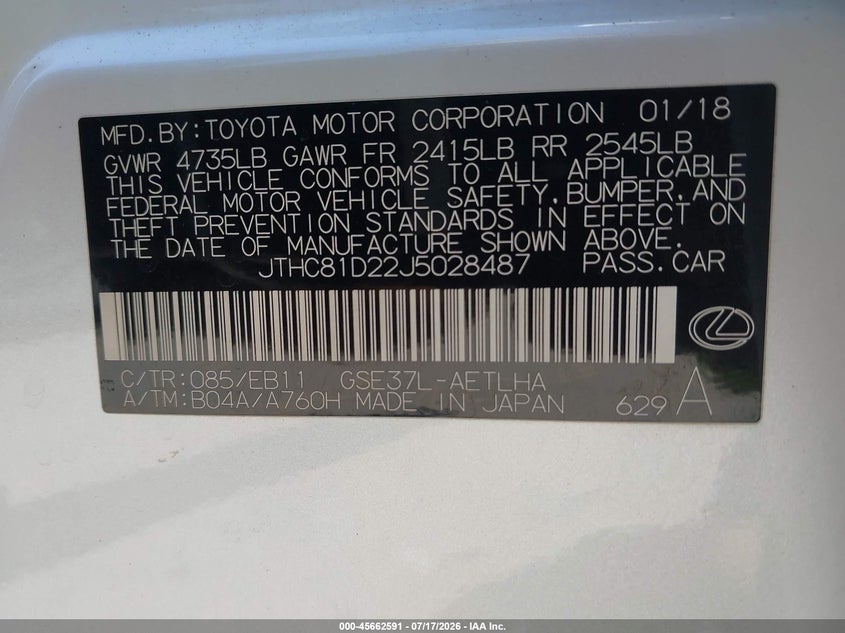 2018 Lexus Is 300 VIN: JTHC81D22J5028487 Lot: 45662591