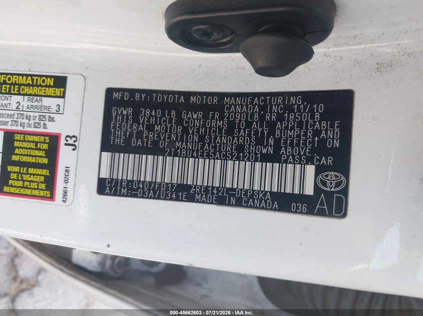2010 Toyota Corolla S VIN: 2T1BU4EE5AC521201 Lot: 45662603