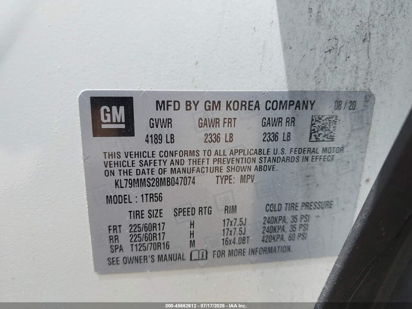 2021 Chevrolet Trailblazer Fwd Ls VIN: KL79MMS28MB047074 Lot: 45662612