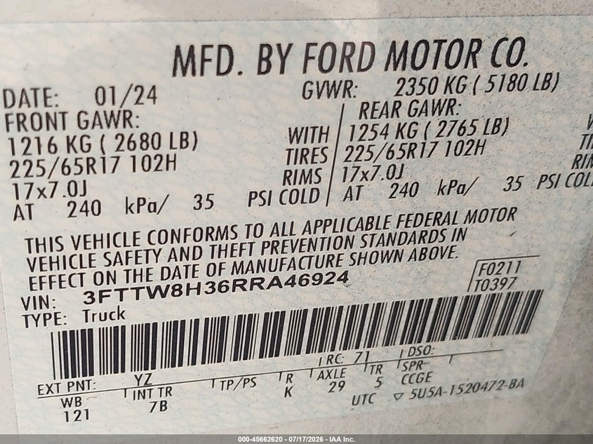 2024 Ford Maverick Xlt VIN: 3FTTW8H36RRA46924 Lot: 45662620