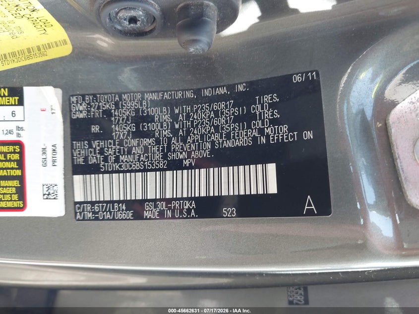 2011 Toyota Sienna Xle V6 VIN: 5TDYK3DC6BS153582 Lot: 45662631