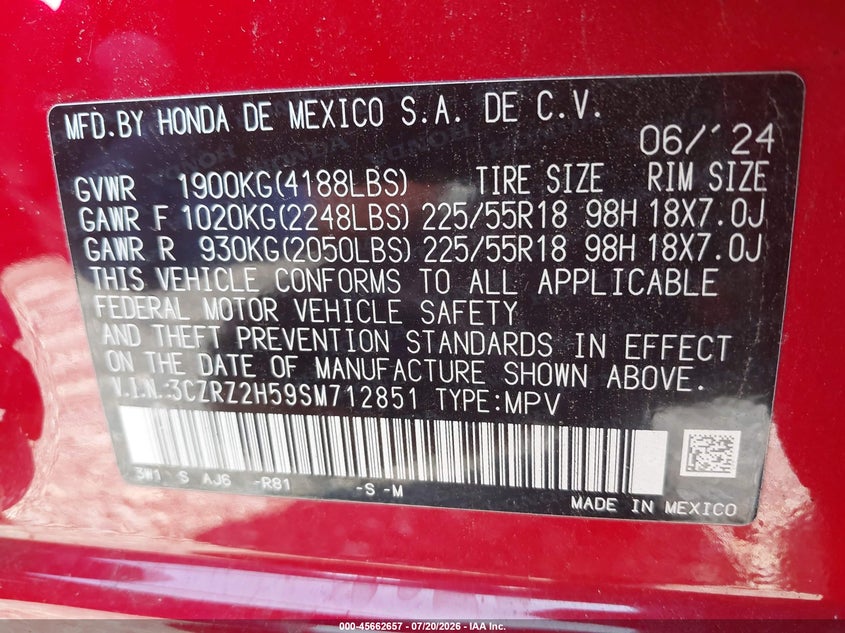 2025 Honda Hr-V Awd Sport VIN: 3CZRZ2H59SM712851 Lot: 45662657