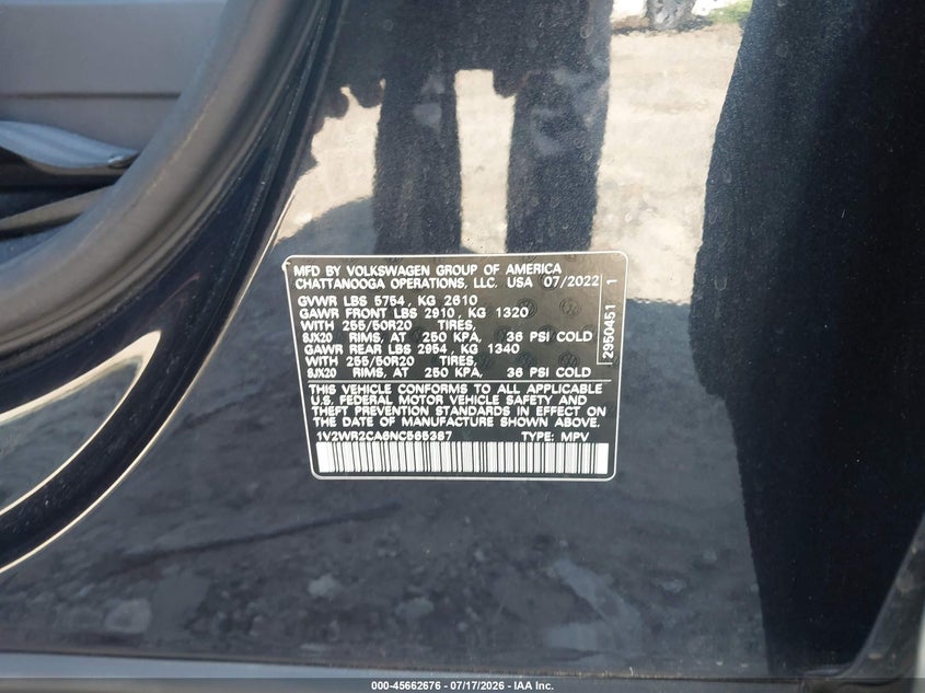 2022 Volkswagen Atlas 3.6L V6 Se W/Technology VIN: 1V2WR2CA6NC565387 Lot: 45662676